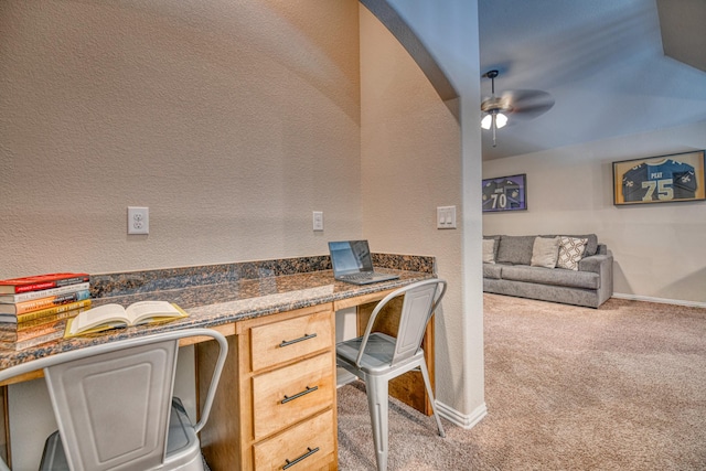 1023 Clydeview Rd, Forney, TX 75126 - office area featuring built in study area, light carpet, a ceiling fan, and baseboards