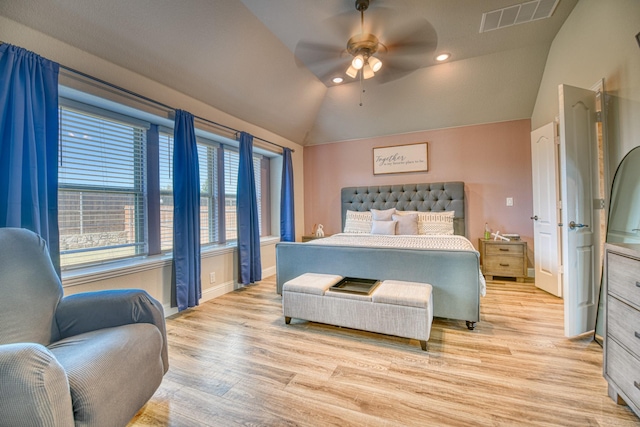 1023 Clydeview Rd, Forney, TX 75126 - bedroom with light wood-style flooring, vaulted ceiling, visible vents, recessed lighting, and ceiling fan