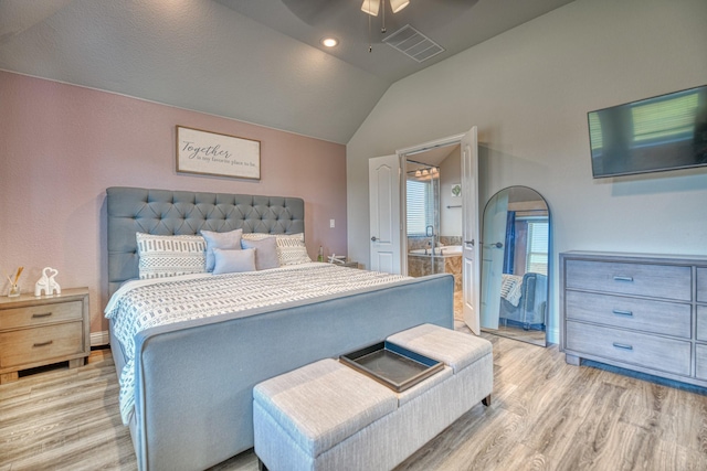 1023 Clydeview Rd, Forney, TX 75126 - bedroom with a ceiling fan, ensuite bathroom, light wood finished floors, lofted ceiling, and visible vents
