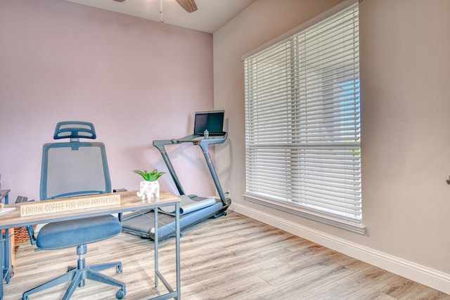 1023 Clydeview Rd, Forney, TX 75126 - workout room with wood finished floors, baseboards, and ceiling fan