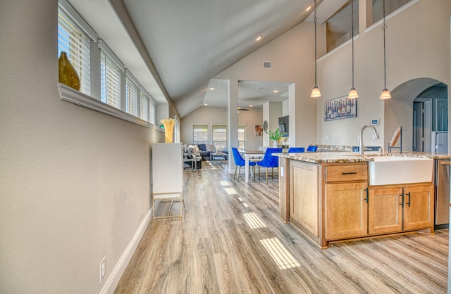 1023 Clydeview Rd, Forney, TX 75126 - kitchen with a sink, open floor plan, arched walkways, light wood finished floors, and baseboards
