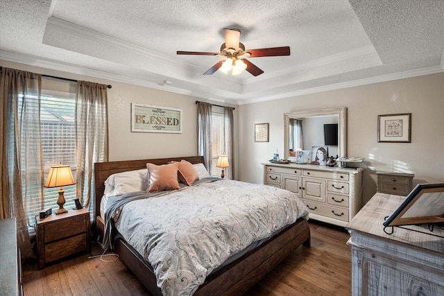 bedroom featuring a raised ceiling, crown molding, and multiple windows