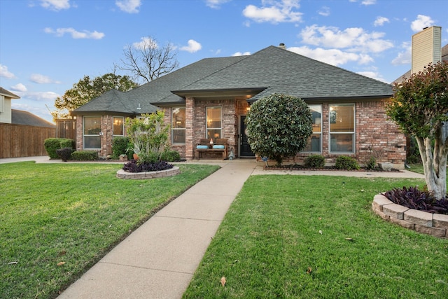 view of front facade with brick siding, a front lawn, roof with shingles, and fence