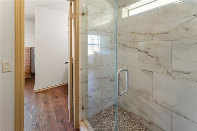 bathroom with a shower stall and wood-type flooring