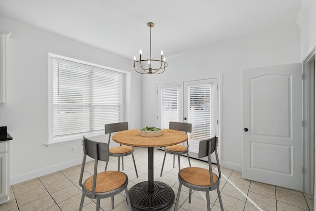 924 Charleston Ln, Savannah, TX 76227 - dining area featuring a notable chandelier, baseboards, a healthy amount of sunlight, and light tile patterned floors