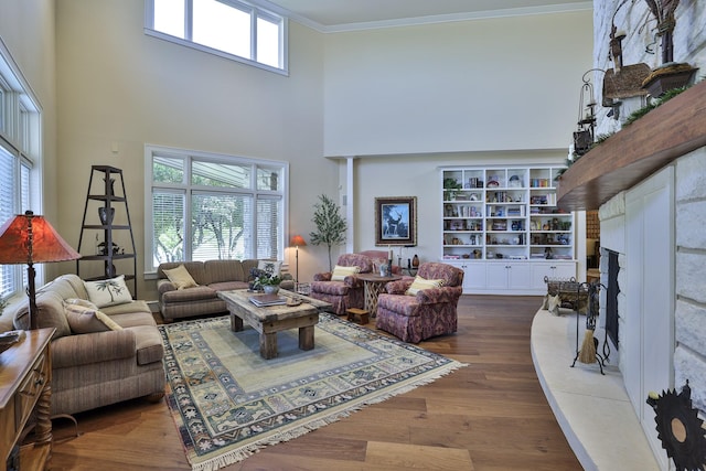 5817 Cypress Point Dr, Fort Worth, TX 76132 - living area featuring crown molding, a fireplace with raised hearth, a towering ceiling, and wood finished floors