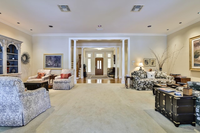 5817 Cypress Point Dr, Fort Worth, TX 76132 - carpeted living room featuring ornamental molding