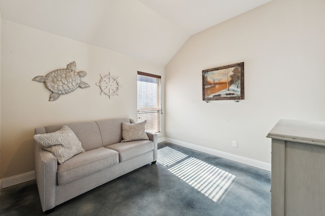 living area with vaulted ceiling and baseboards