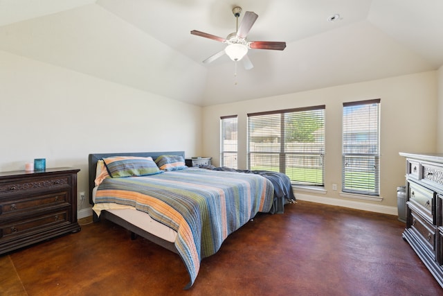 bedroom with vaulted ceiling, baseboards, and a ceiling fan