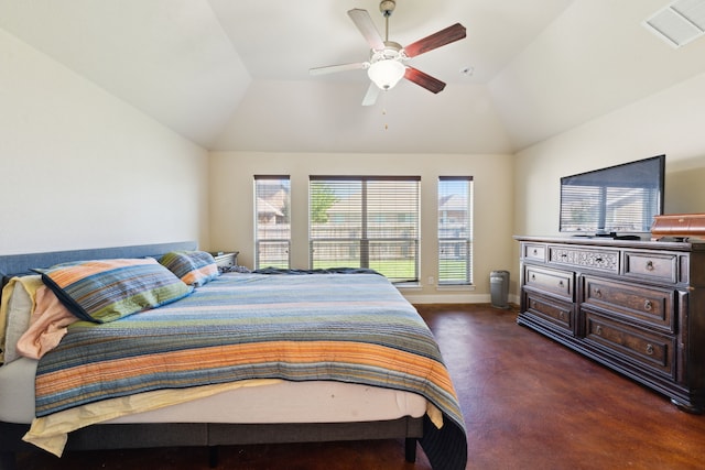 bedroom featuring vaulted ceiling, visible vents, and multiple windows