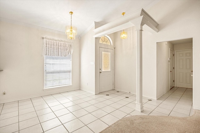 tiled empty room featuring an inviting chandelier, ornamental molding, and baseboards