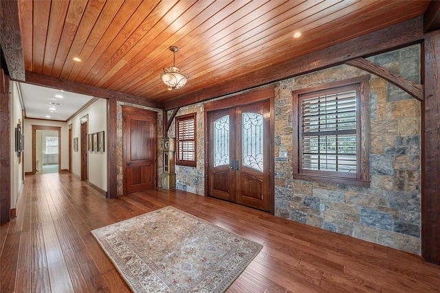 foyer with french doors, recessed lighting, and hardwood / wood-style flooring