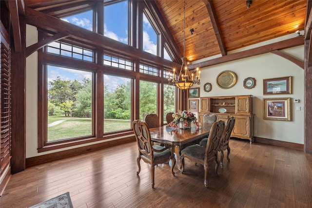 dining space featuring baseboards, high vaulted ceiling, a chandelier, and a healthy amount of sunlight