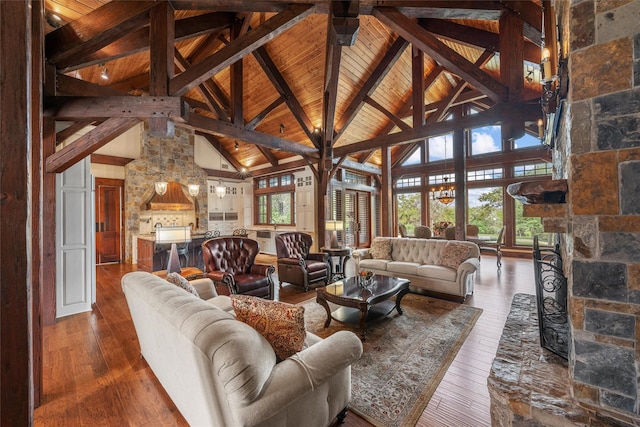 living room featuring beamed ceiling, wood ceiling, high vaulted ceiling, and dark wood-style floors