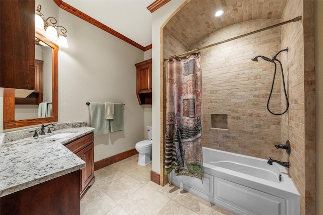 full bath featuring lofted ceiling, shower / bath combination with curtain, toilet, vanity, and baseboards