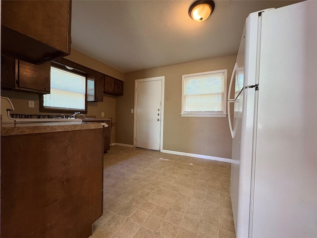 kitchen with freestanding refrigerator, a wealth of natural light, baseboards, and dark brown cabinetry