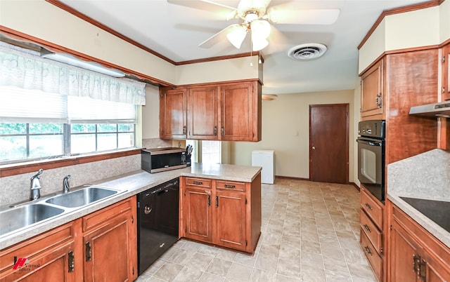 9820 Hillsboro Dr, Shreveport, LA 71118 - kitchen featuring a sink, ceiling fan, black appliances, and brown cabinets