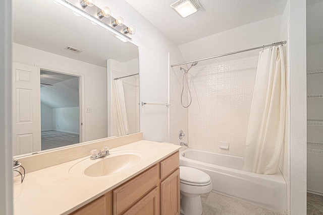 6127 Welden Ct, Fort Worth, TX 76132 - full bathroom with shower / bath combo with shower curtain, visible vents, vanity, and toilet