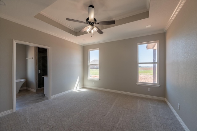 2567 Fm 368, Iowa Park, TX 76367 - unfurnished bedroom with ornamental molding, carpet floors, multiple windows, and a tray ceiling