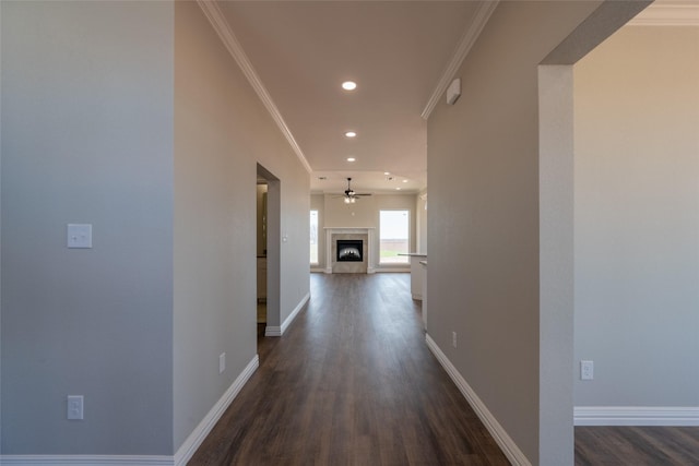 2567 Fm 368, Iowa Park, TX 76367 - hall featuring recessed lighting, crown molding, baseboards, and dark wood-style flooring