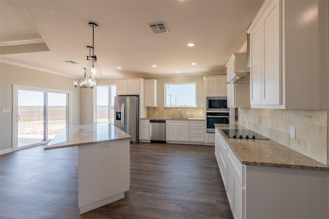 2567 Fm 368, Iowa Park, TX 76367 - kitchen with a sink, visible vents, a notable chandelier, appliances with stainless steel finishes, and ornamental molding