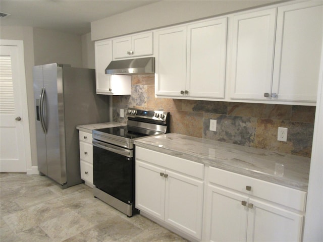 415 Easy St, Marlin, TX 76661 - kitchen featuring white cabinets, stainless steel appliances, backsplash, light stone counters, and under cabinet range hood