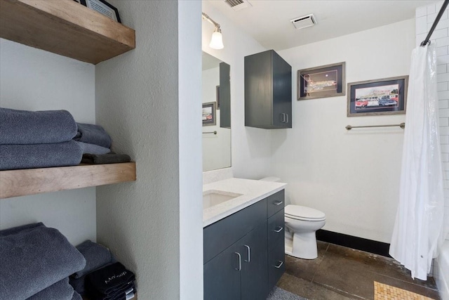 full bathroom featuring toilet, visible vents, stone finish floor, curtained shower, and vanity
