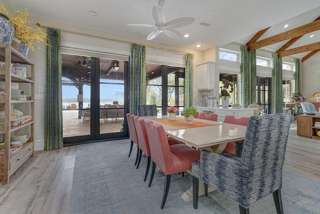 dining space featuring a ceiling fan, french doors, light wood-style flooring, visible vents, and recessed lighting