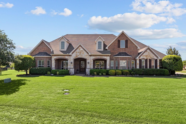 view of front of home with a front lawn, brick siding, and stone siding