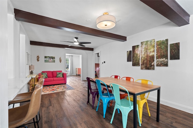 2744 Bay Meadows Ct, Farmers Branch, TX 75234 - dining area featuring beamed ceiling, dark wood-style floors, ceiling fan, and baseboards