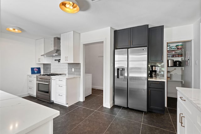 2744 Bay Meadows Ct, Farmers Branch, TX 75234 - kitchen with appliances with stainless steel finishes, wall chimney range hood, backsplash, white cabinetry, and dark tile patterned floors