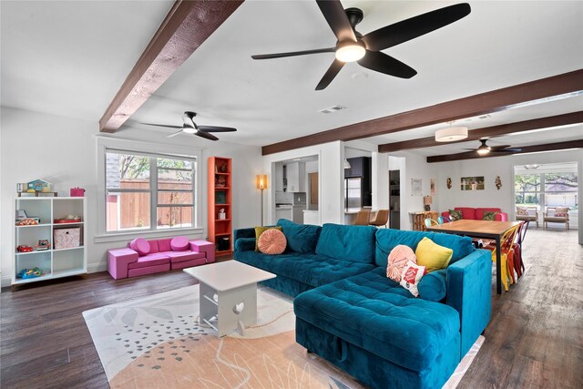 2744 Bay Meadows Ct, Farmers Branch, TX 75234 - living area with ceiling fan, beamed ceiling, and wood finished floors