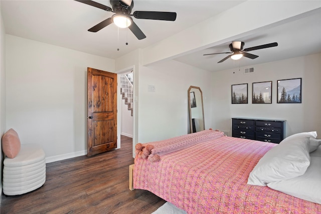2744 Bay Meadows Ct, Farmers Branch, TX 75234 - bedroom featuring dark wood-style flooring, baseboards, and a ceiling fan