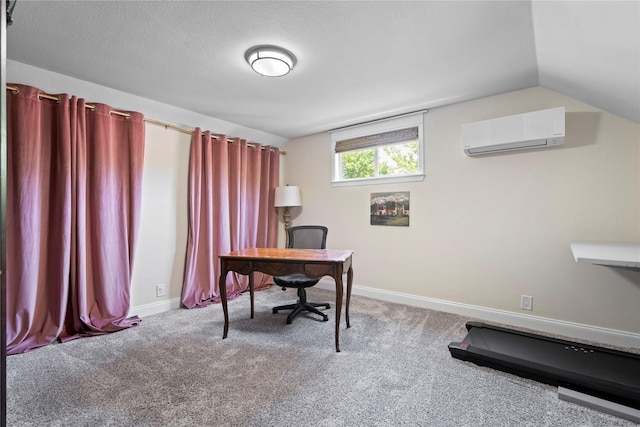 2744 Bay Meadows Ct, Farmers Branch, TX 75234 - office space featuring a wall mounted air conditioner, carpet, lofted ceiling, and baseboards