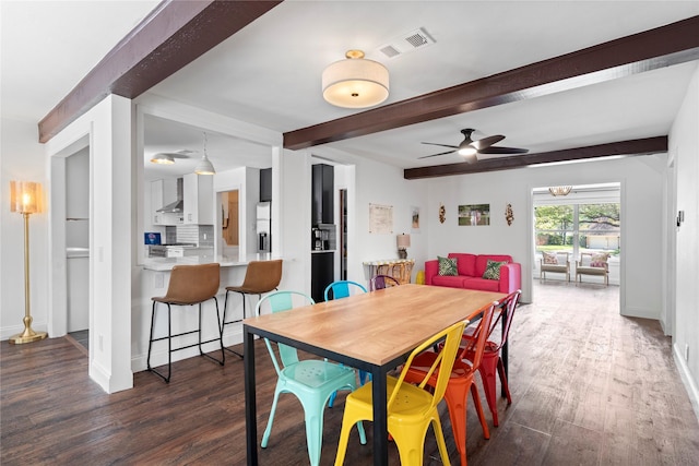 2744 Bay Meadows Ct, Farmers Branch, TX 75234 - dining area featuring dark wood-style floors, a ceiling fan, beamed ceiling, and baseboards