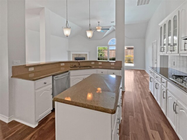 kitchen with ceiling fan, stainless steel appliances, a sink, and dark wood-style floors
