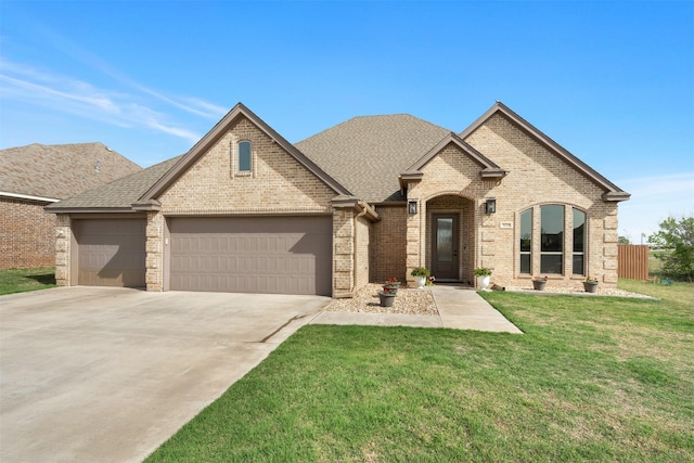 5124 Cathedral Ln, Wichita Falls, TX 76310 - french country style house with concrete driveway, brick siding, an attached garage, a shingled roof, and a front yard