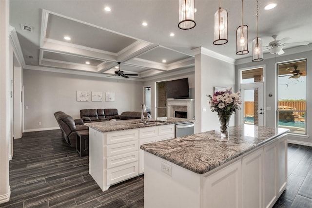 5124 Cathedral Ln, Wichita Falls, TX 76310 - kitchen featuring dishwasher, visible vents, a center island with sink, open floor plan, and ceiling fan