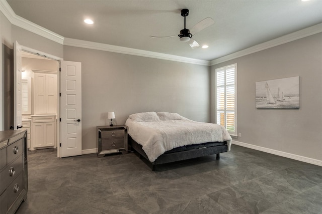 5124 Cathedral Ln, Wichita Falls, TX 76310 - bedroom with recessed lighting, crown molding, baseboards, and ceiling fan
