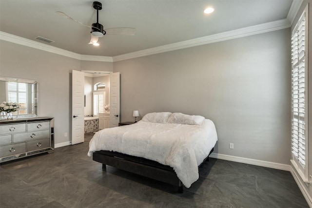 5124 Cathedral Ln, Wichita Falls, TX 76310 - bedroom featuring baseboards, crown molding, multiple windows, and visible vents