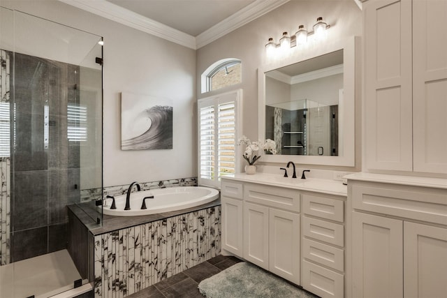 5124 Cathedral Ln, Wichita Falls, TX 76310 - bathroom featuring a bath, vanity, a shower stall, and crown molding