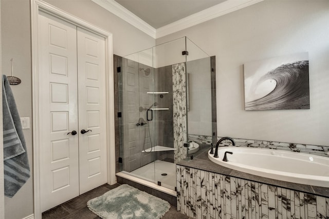 5124 Cathedral Ln, Wichita Falls, TX 76310 - full bath with crown molding, a garden tub, and a stall shower
