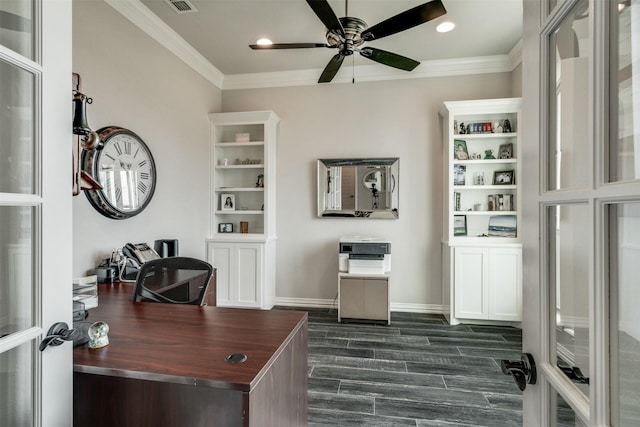 5124 Cathedral Ln, Wichita Falls, TX 76310 - home office featuring ceiling fan, baseboards, ornamental molding, and dark wood-type flooring