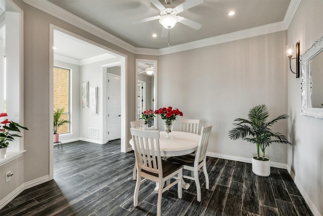 5124 Cathedral Ln, Wichita Falls, TX 76310 - dining area with dark wood-style flooring, a ceiling fan, and baseboards