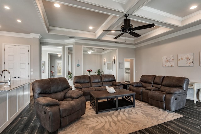 5124 Cathedral Ln, Wichita Falls, TX 76310 - living area with a ceiling fan, dark wood-style floors, and ornamental molding