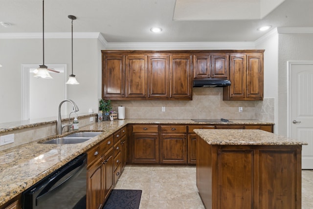kitchen featuring a sink, black appliances, light stone counters, under cabinet range hood, and ornamental molding