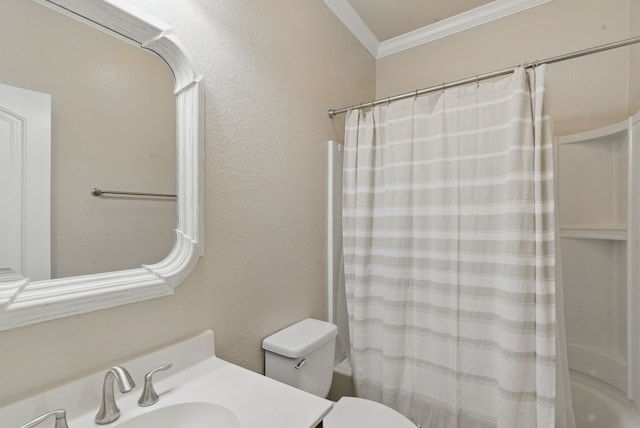 bathroom with shower / bath combo, crown molding, vanity, a textured wall, and toilet