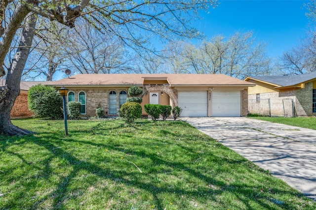 single story home featuring concrete driveway, a front lawn, fence, a garage, and brick siding