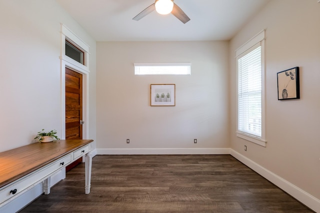 interior space featuring a ceiling fan, dark wood-style floors, and a wealth of natural light