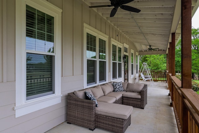 view of patio / terrace featuring an outdoor hangout area, a ceiling fan, and covered porch